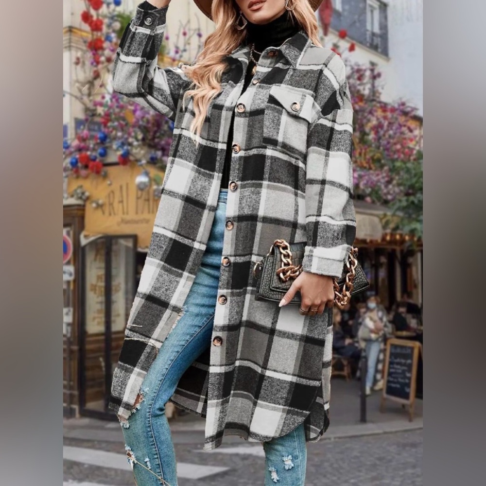 Black and White Plaid Longline Shacket Drop Shoulder Coat, Casual New Boutique